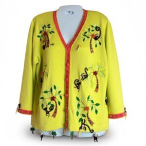 Berek Monkey Jungle Embroidered Cardigan Sweater Yellow Button Front Size Medium